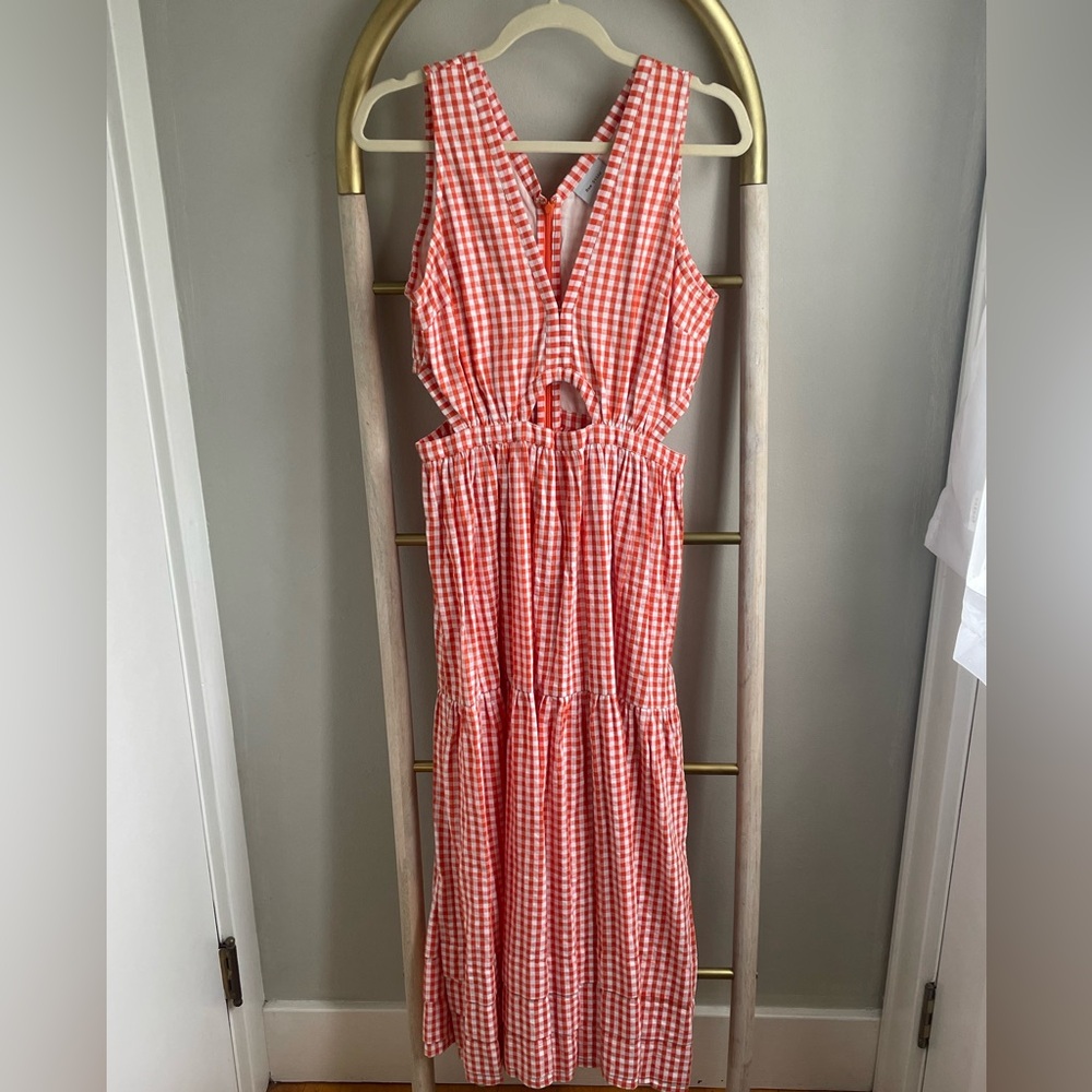 RUE STIIC Kamila midi dress in fire orange check